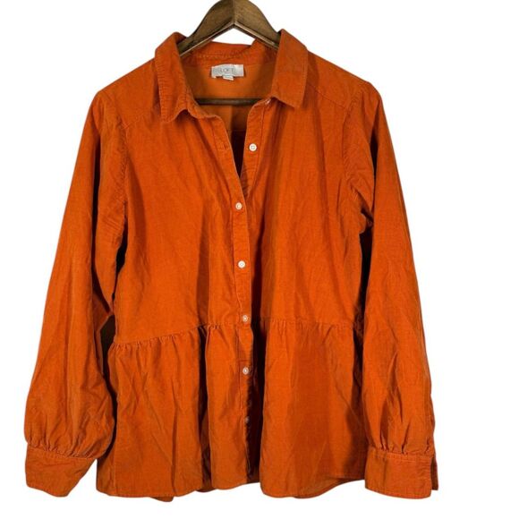 Loft Womens Orange Corduroy Button Up Top Sz L Ruffle Pumpkin Patch Fall Staple - Picture 1 of 8